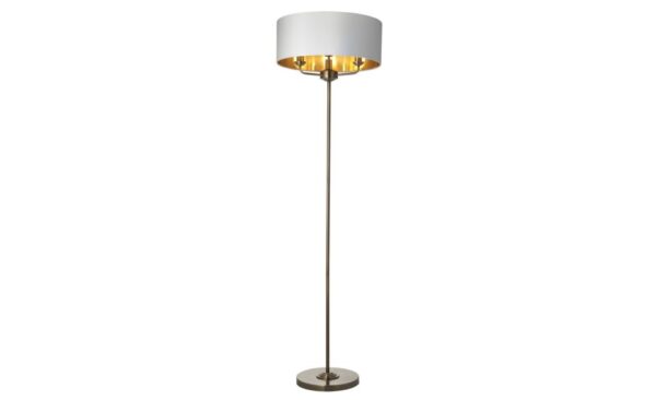 Highclere 3 Light Floor Lamp in Antique Brass with Vintage White Fabric Shade