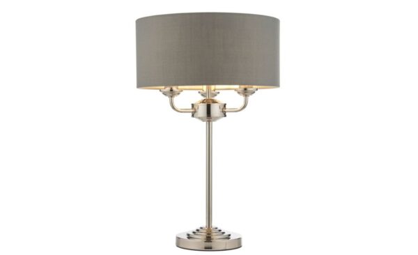 3 Light Table Lamp in Bright Nickel Plate with Charcoal Fabric Shade